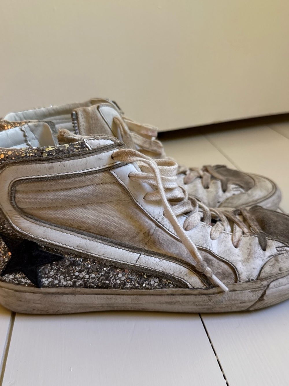 Golden Goose White and Silver Glitter High-Top Sneakers with Black Star
